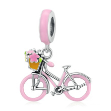 Fine S925 Sterling Silver Enamel Cartoon Car Pink Girl Bicycle Charm Pendants DIY Accessories